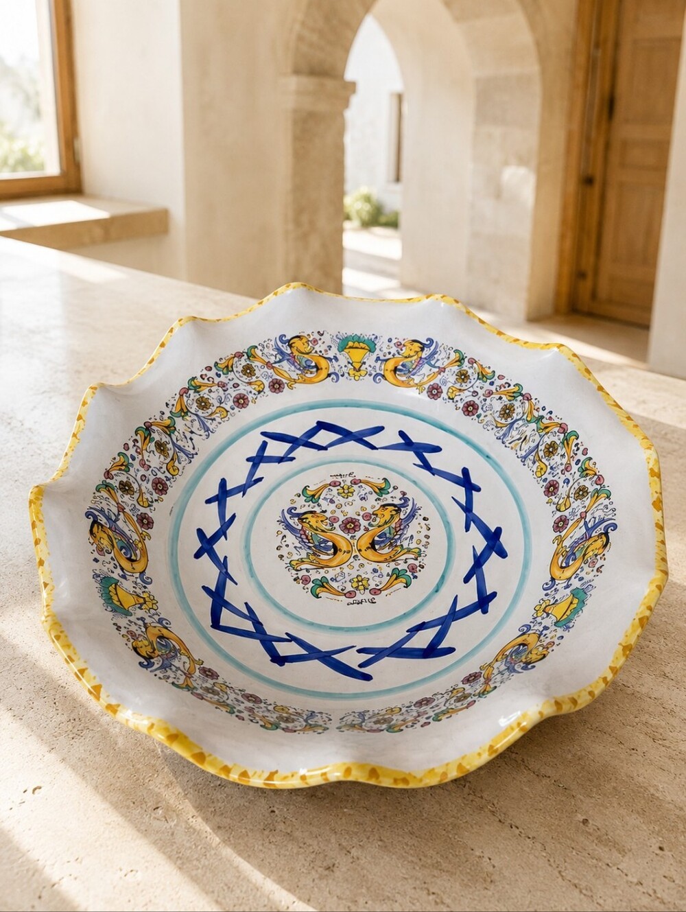 MOMA Deruta Italy Raffaellesco Dragon Majolica Ruffled Serving Bowl 12.5"